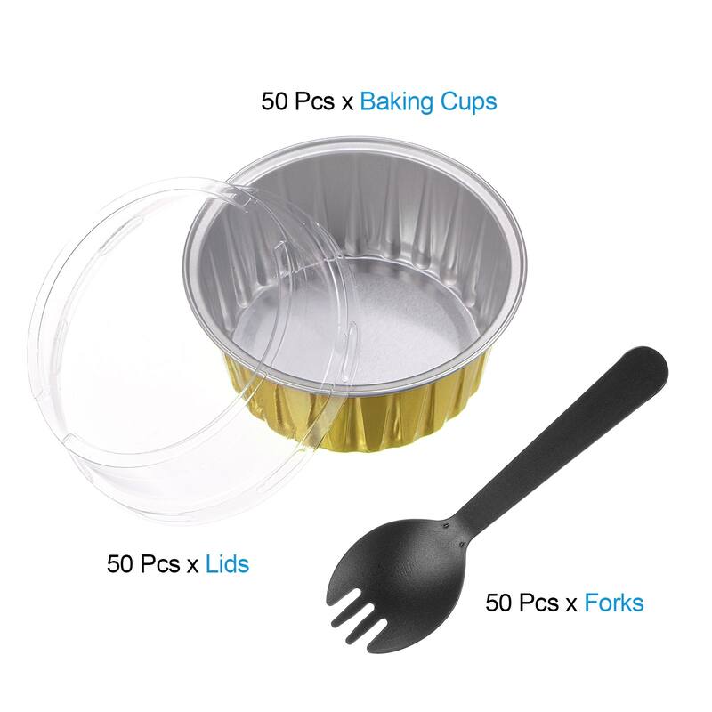 50pcs Cupcake Liners 5oz Aluminum Foil Baking Cups with Lids Forks - Golden