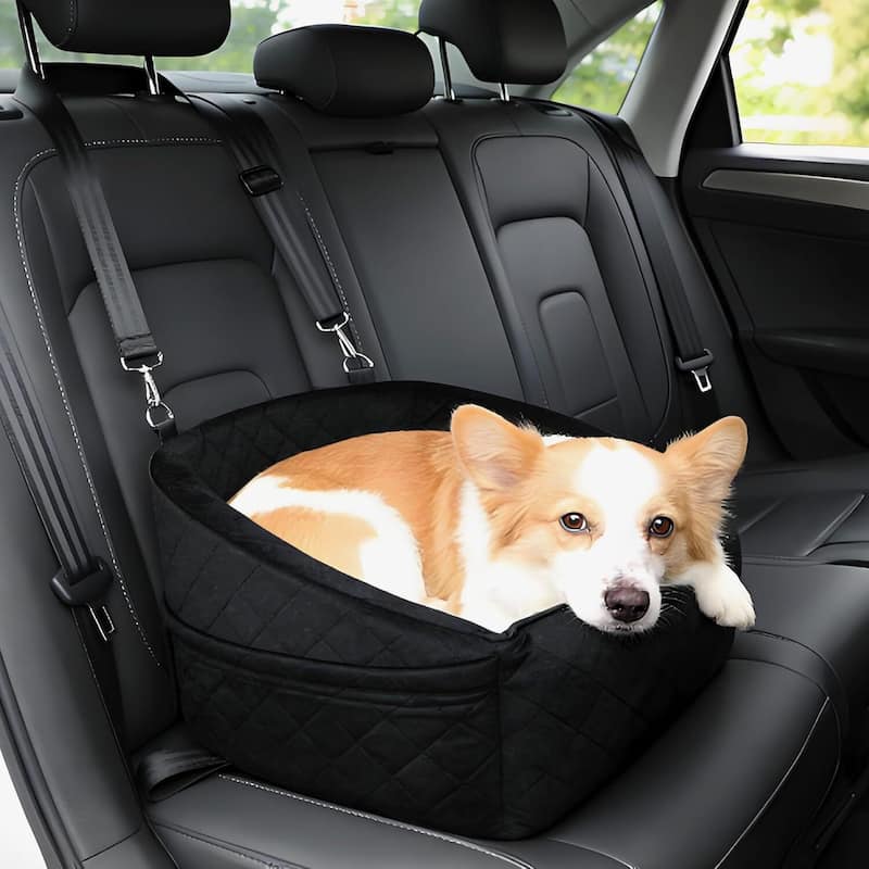 Comfy Dog Bed, Dog Booster Car Seat with Safety Belt and Storage Pockets - Black