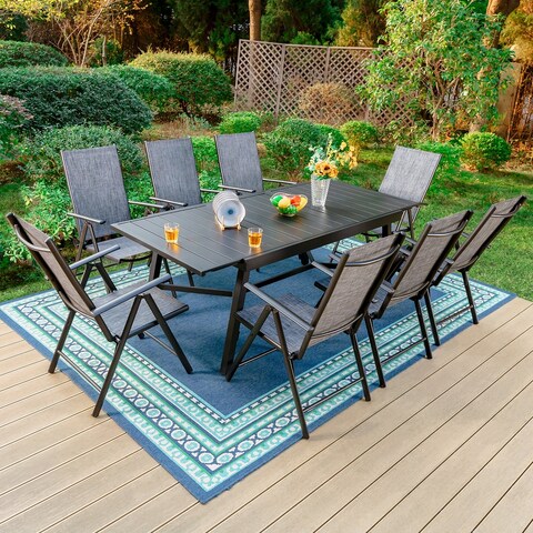 Outdoor 9-Pieces Dining Set, 8 x Reclining Folding Sling Dining Chairs and 1 Patio Extendable Table for 6-8 Person