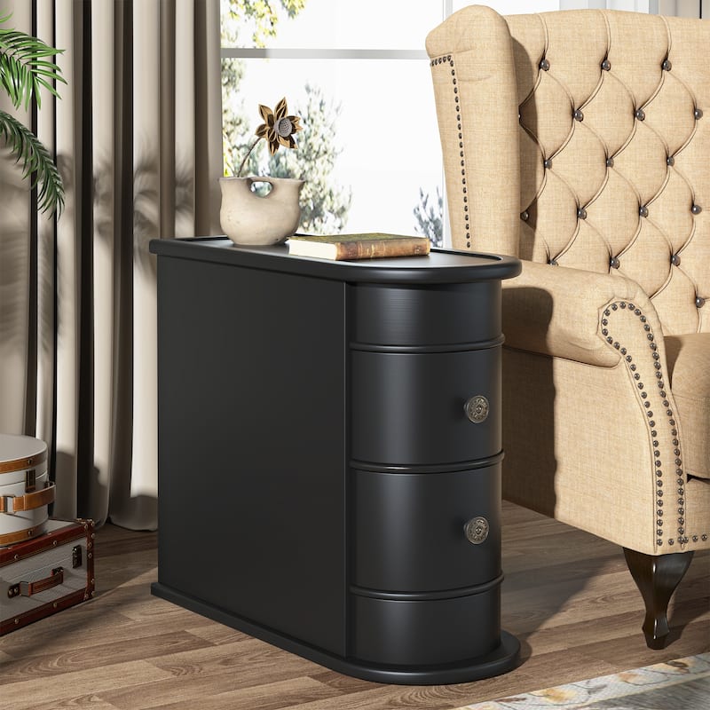 Solid Wood Chairside End Table, Two-Drawer Narrow Side Table Slim - 1PC - Black