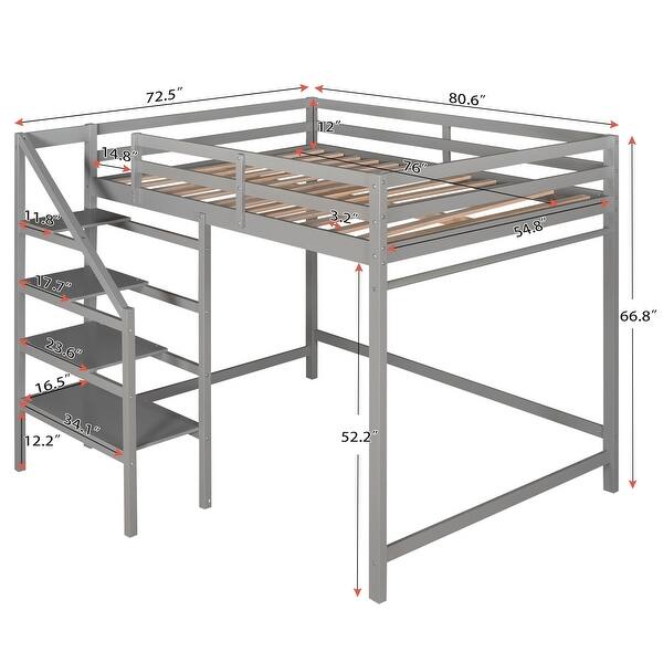 dimension image slide 1 of 2, Full Size Loft Bed with Built-in Storage Staircase, Side Clothes Hangers and Safety Rail, Solid Wood Slats Support