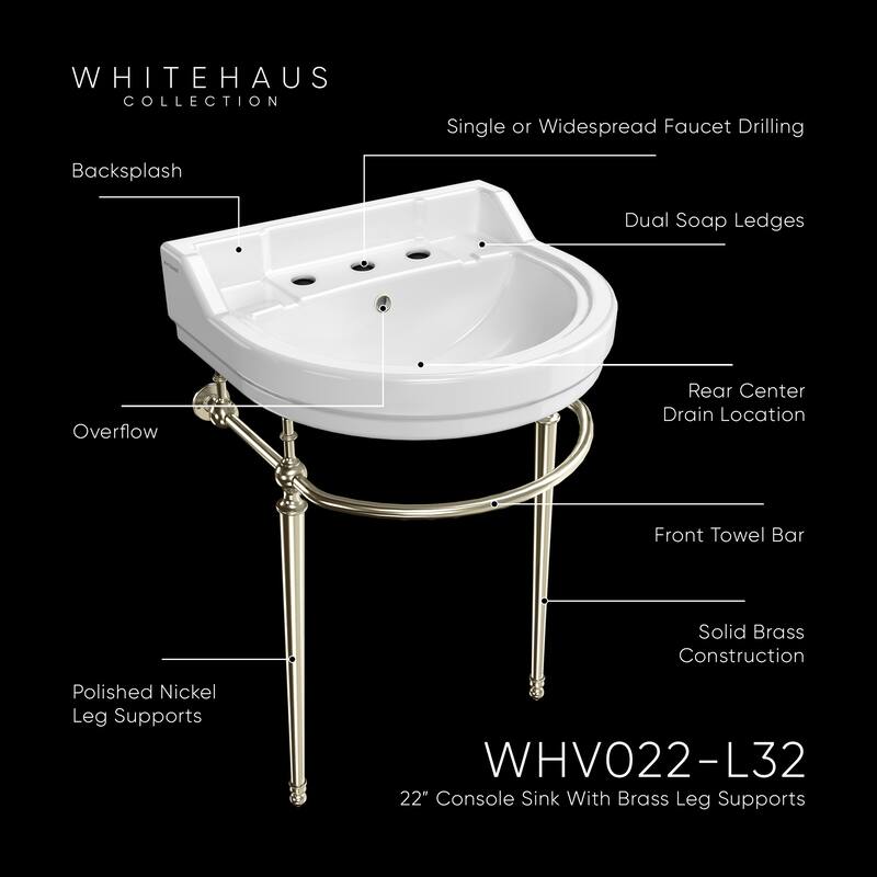 Whitehaus Console Sink With Semi-Circular Bowl, Metal Leg Supports and Front Towel Bar.