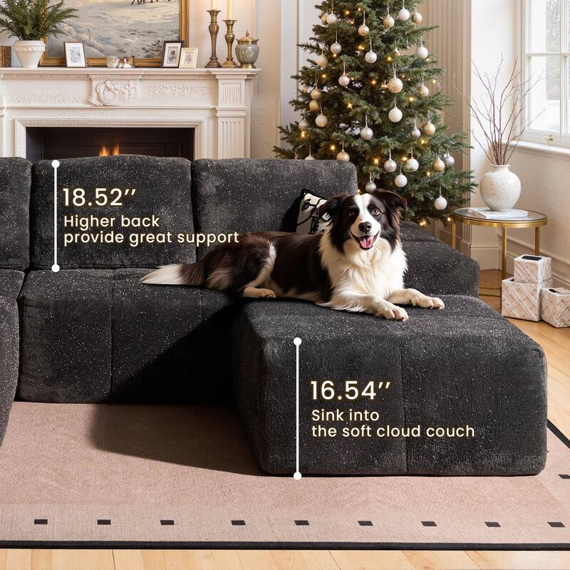 HOOOWOOO Modern Sparkly Velvet Fabric Chaise Sofa Couch with Ottoman