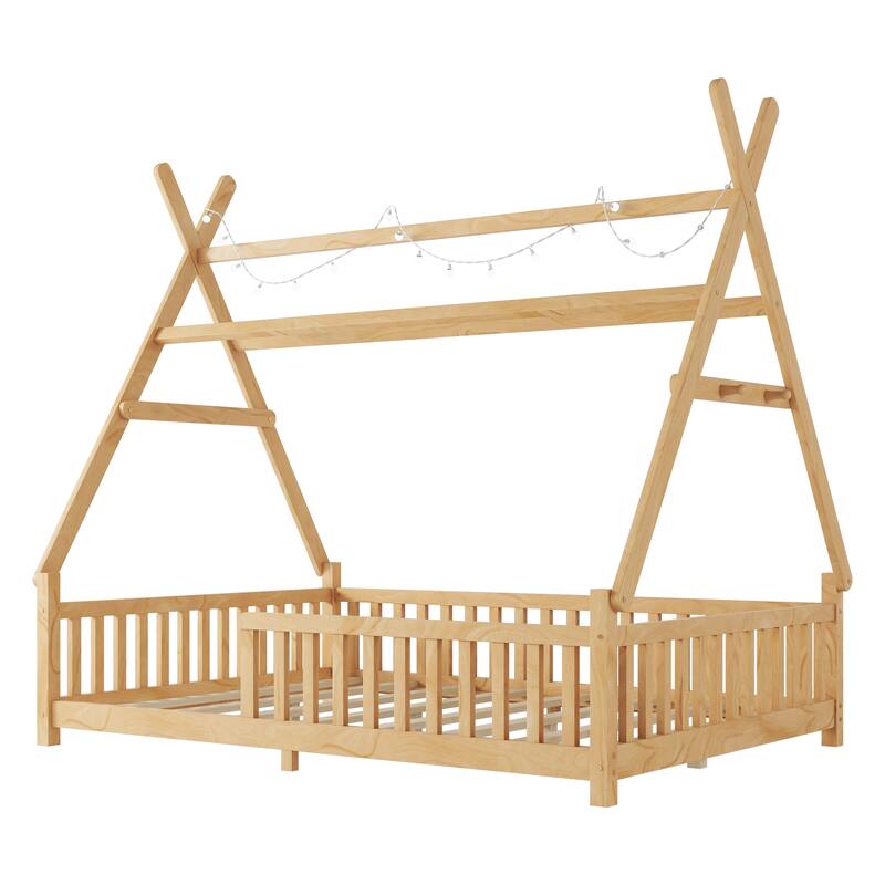 Full House Bed with Light, Low Floor Design, Fence and Roof for Kids, Natural Wood Finish