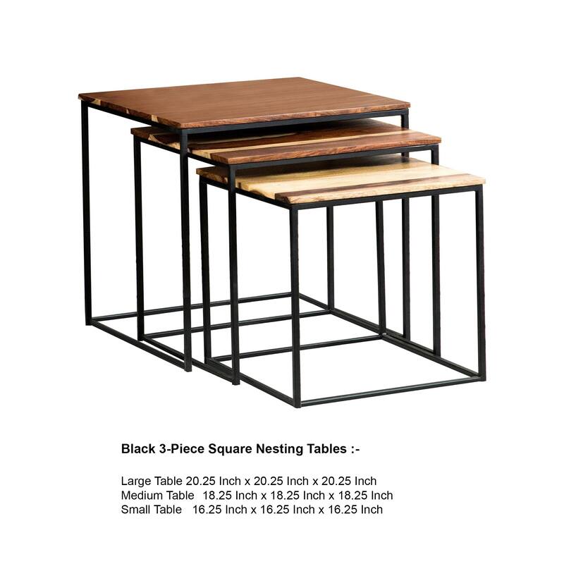 20, 18, 16 Inch 3 Piece Modern Nesting End Table Set, Brown Wood, Black