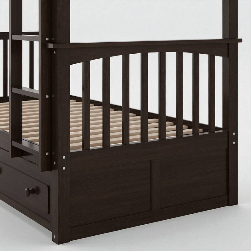 Twin Over Twin Convertible Bunk Bed with Storage Drawers, Fence Guardrail, Solid Wood Frame, No Box Spring Needed