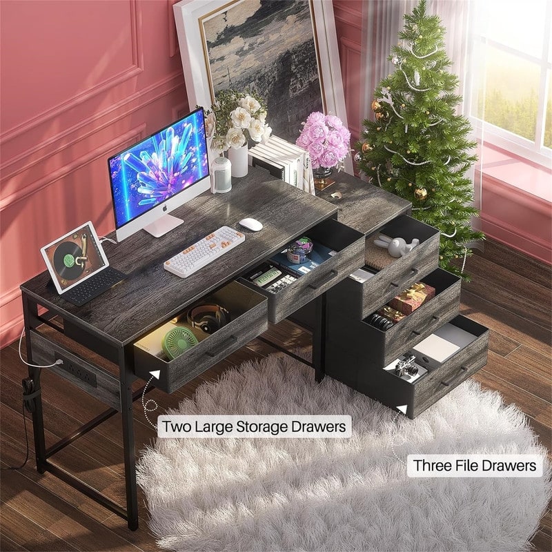 Sturdy Writing Table with File Cabinet Printer Stand - 52"D x 17.7"W x 29.3"H