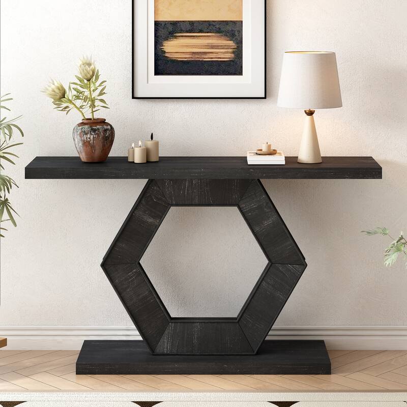 Fir Veneer Finish Entryway Table with Innovative Hollow Hexagon Leg, Hallway Tables Console Tables for Living Room