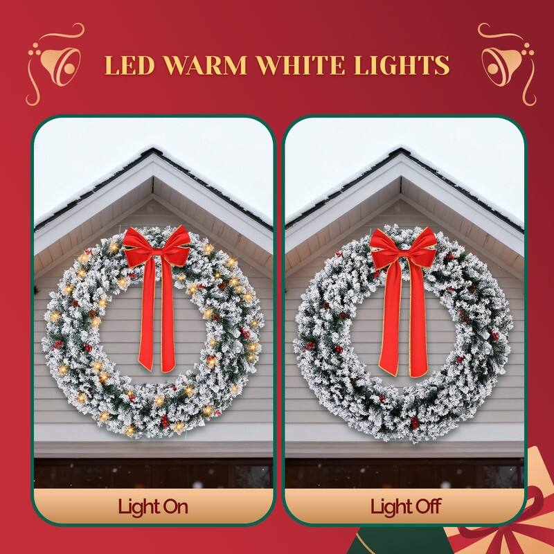 Pre-lit Snow Flocked Christmas Wreath, Lighted Artificial Xmas Wreath with Lights and DIY Ornaments, for Xmas Party Decorations