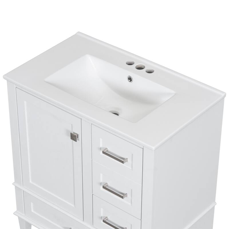 Anmytek 30 Inch White Modern Bathroom Vanity Sink Combo Solid Wood Frame Soft Close Door 3 Drawers Storage Cabinet