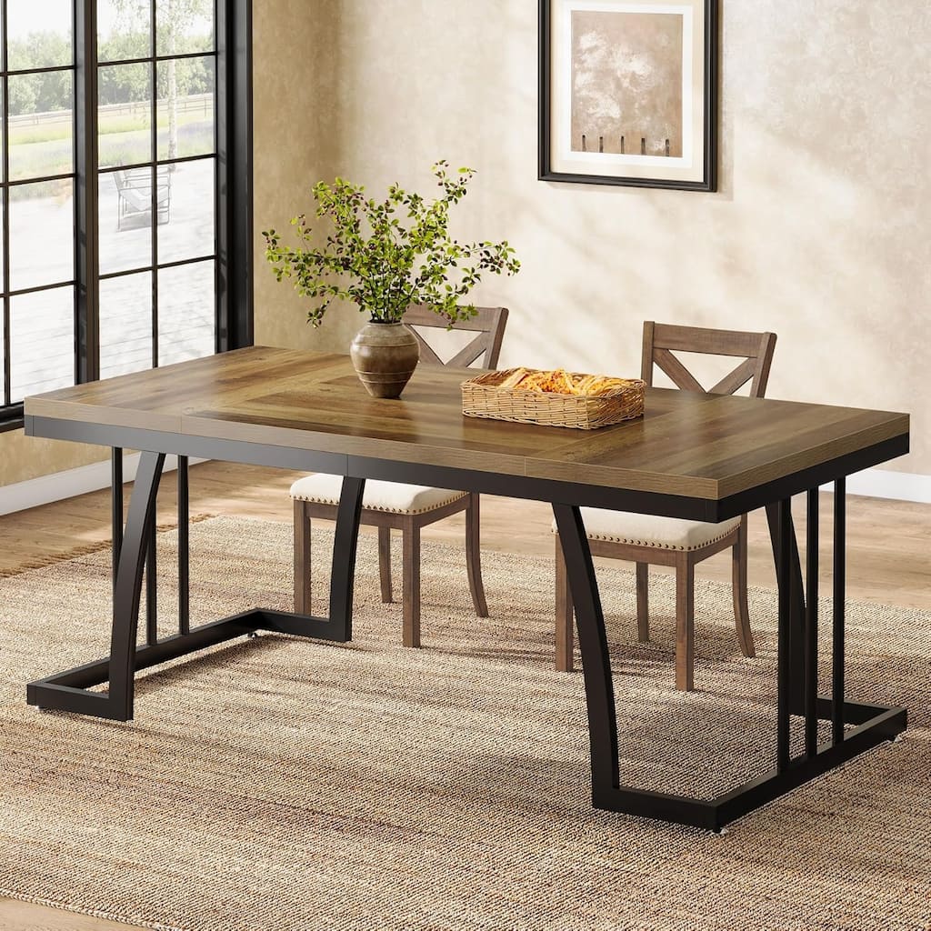63" Farmhouse Dining Table, Rectangular Kitchen Table with Sturdy Metal Frame