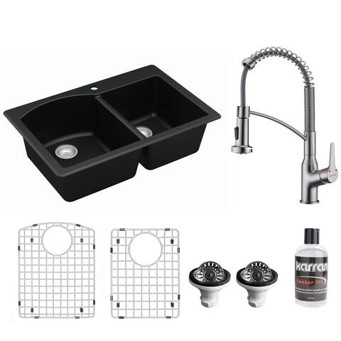Karran All in One Drop-In Quartz 33 in. Double Bowl 60/40 Kitchen Sink in Black with KKF210 Faucet in Stainless Steel