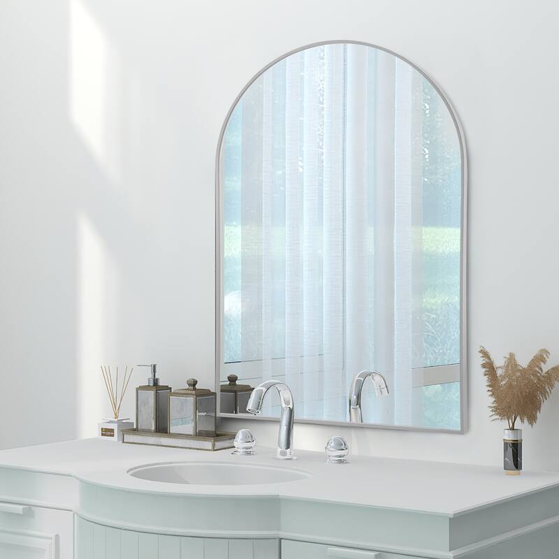 Modern Thin Frame Wall-Mounted Hanging Bathroom Vanity Mirror - 36-24-arch - Silver