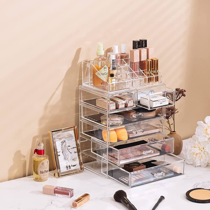 Acrylic Cosmetics Makeup Storage Case Display Set - 6 Drawers & Slots - Clear