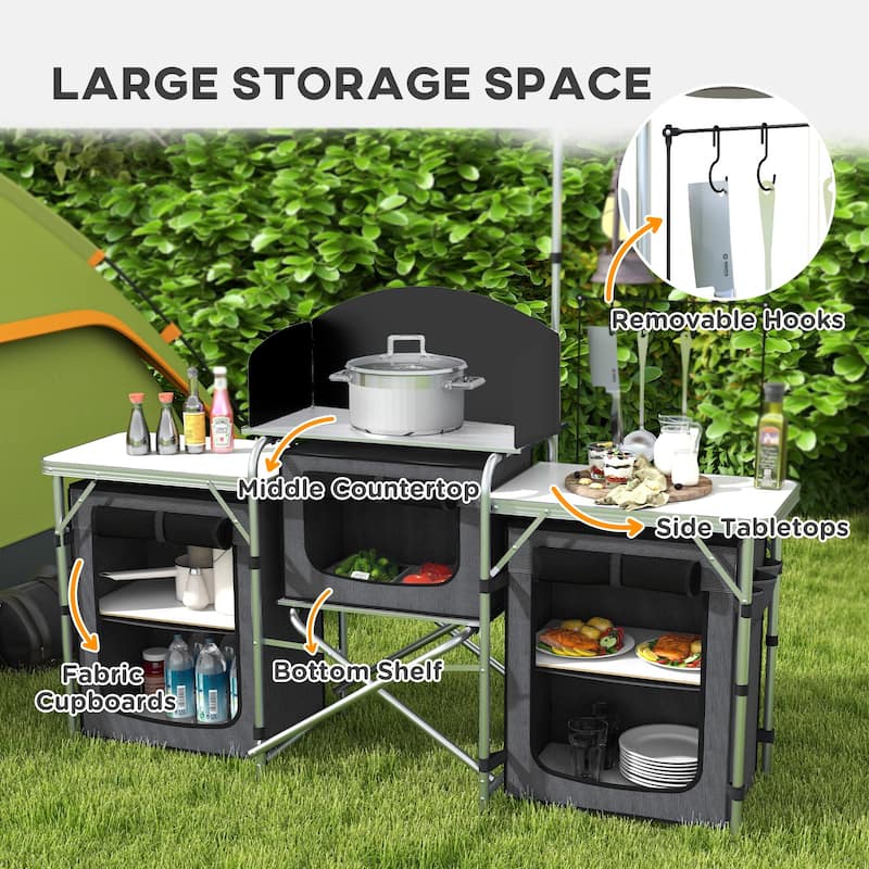 Outsunny Camping Kitchen Table, Portable Folding Camp Kitchen, Aluminum Cook Station with 3 Fabric Cupboards, Windshield
