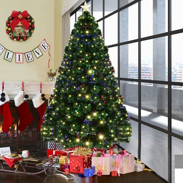 Costway 7' Pre-Lit Fiber Optic Artificial Christmas Tree w/ 180 LED Lights & Top Star