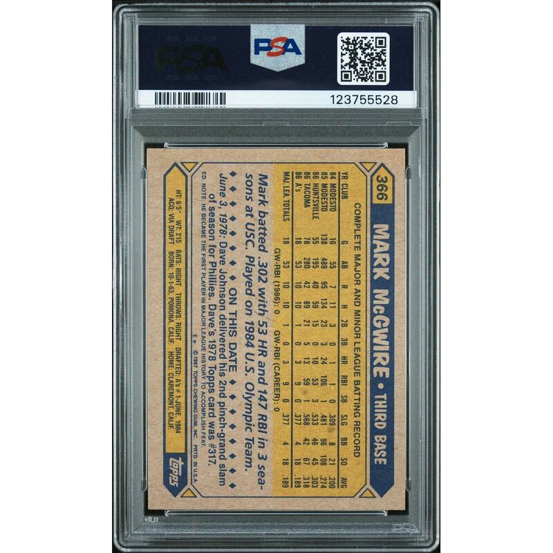 Mark McGwire 1987 Topps Signed Baseball Rookie Card #366 Graded PSA 6 Auto 10 Cert # 123755528 - 8' x 11'