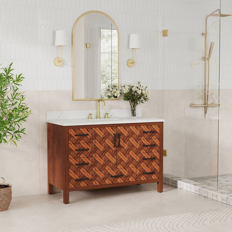 48" Freestanding Bathroom Vanity with Engineered Stone Top, Ceramic Sink, Built-In Power Outlet, and Hair Dryer Storage