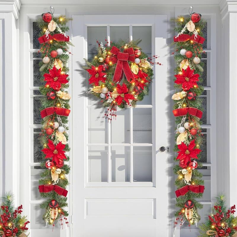 24 Inch Pre-Lit Christmas Wreath with Red Ribbon & Gold Accents