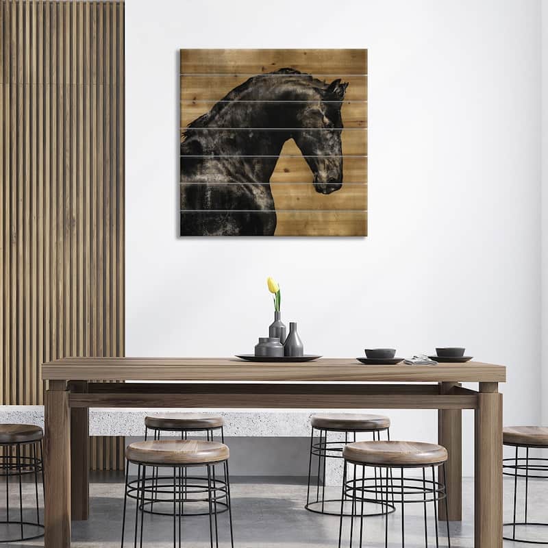 Black Stallion On Gold Print On Wood by Martin Rose - Multi-Color