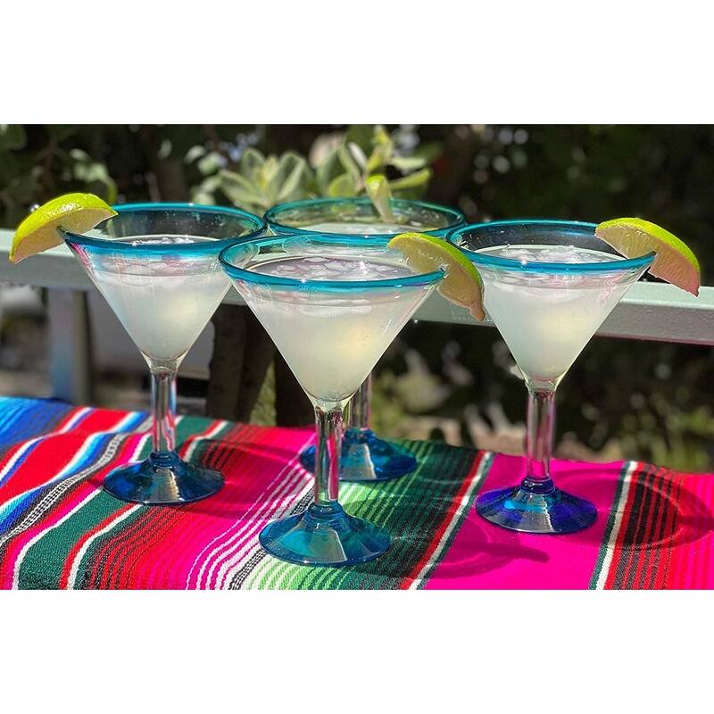 Dos Suenos Mexican Hand Blown Glass - Set of 4 Hand Blown Modern Margarita Glasses - Aqua Rim (12 oz)