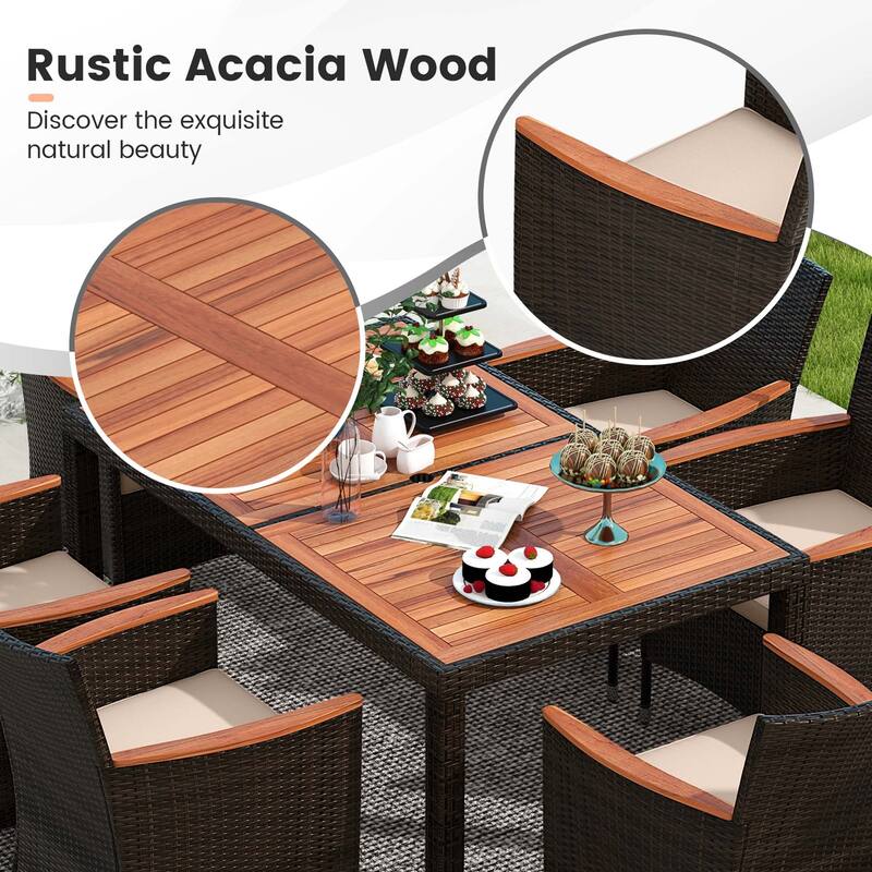 Costway 7 Pieces Outdoor Wicker Dining Set with Acacia Wood Table and - See Details