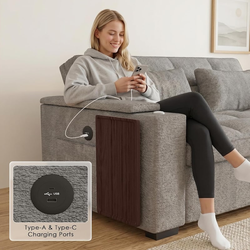 68" Chenille Fabric Sleeper Sofa Bed,Pull Out Couch with 360 Degree Swivel Side Table,USB Port,Cup Holder,Armrest Storage