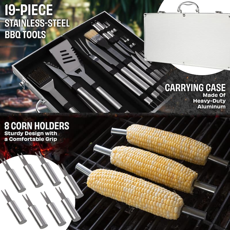 BBQ Grill Accessories Kit - 19-Piece Stainless-Steel Grilling Tools Set with Carrying Case by Chef Buddy