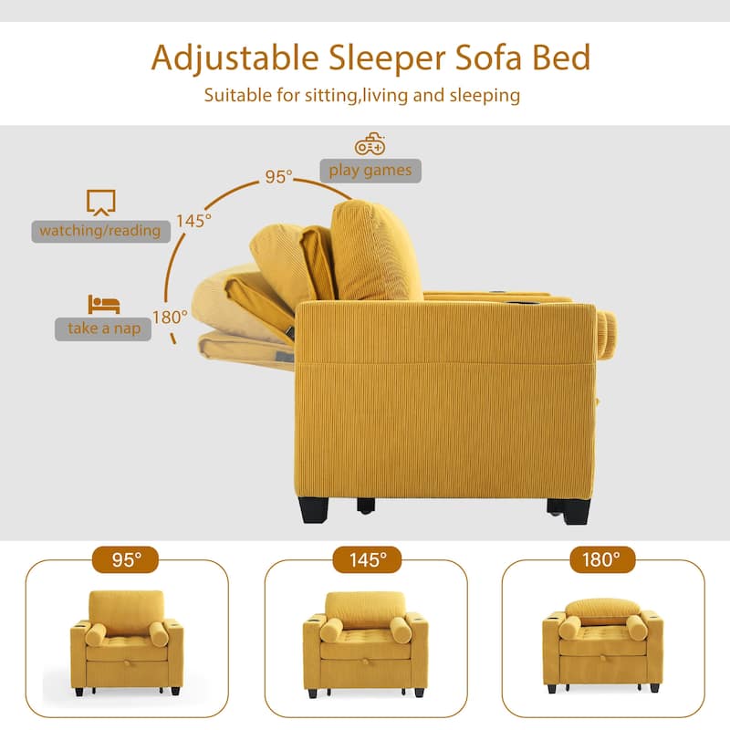 2 Set 3-in-1 Adjustable Recline Convertible Chair Bed Sleeper with USB Port
