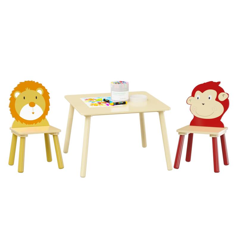 Anmytek Toddler 3-Piece Wooden Table and Chair Set Kids Activity Desk with Animal Backrest for Playroom Nursery