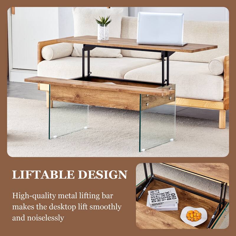 Multifunctional Lift-Top Coffee Table with Tempered Glass Legs, Rectangular Living Room Table 2-Tier Center Table