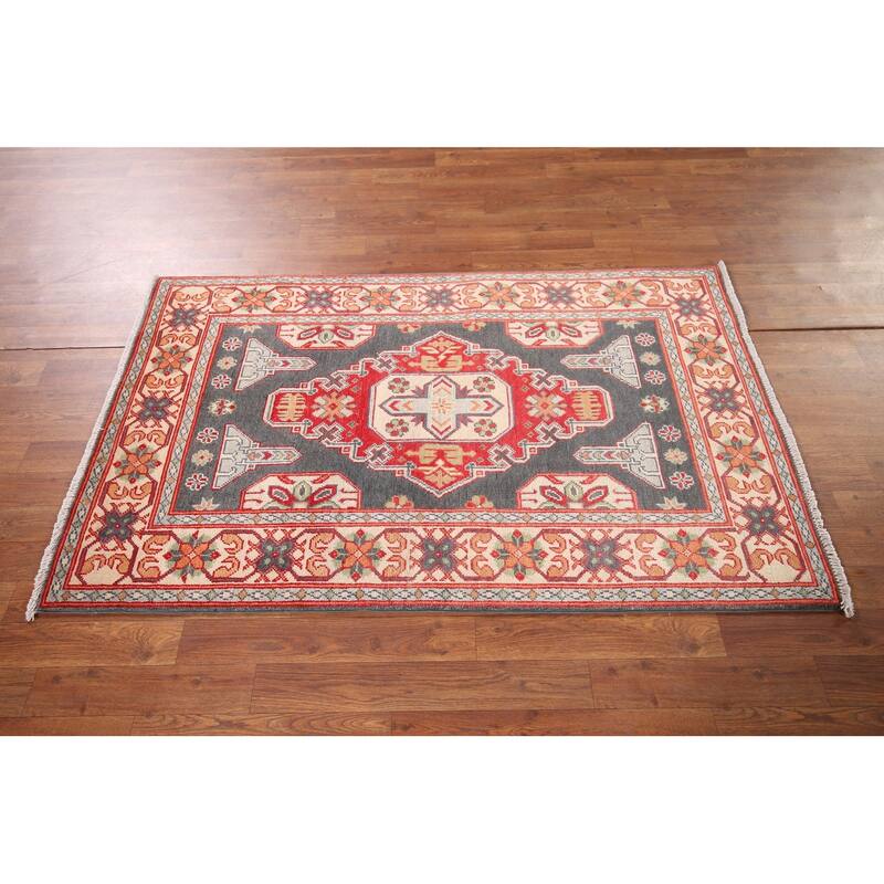Geometric Kazak Oriental Accent Rug Handmade Grey Wool Carpet - 3'1" x 5'1"