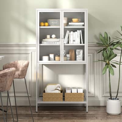 Heavy-Duty Metal Storage Cabinet - Display Cabinet with Glass Doors and 2 Adjustable Shelves