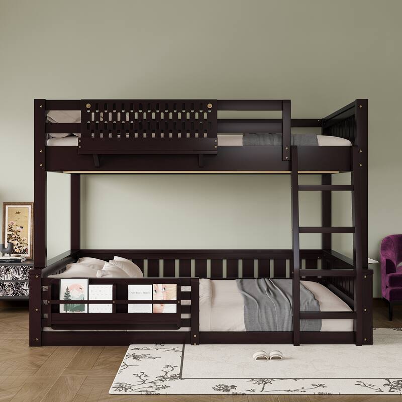Wooden Bunk Bed of 3 Kinds Size with Pegboard, Bookshelf and Guardrails, Detachable Bunk Bed Convertible 2 Platform Beds - Espresso - Full