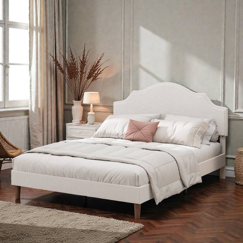 Upholstered Platform Bed Frame with Adjustable Headboard, Linen Fabric Padded, No Box Spring Needed - White - Queen