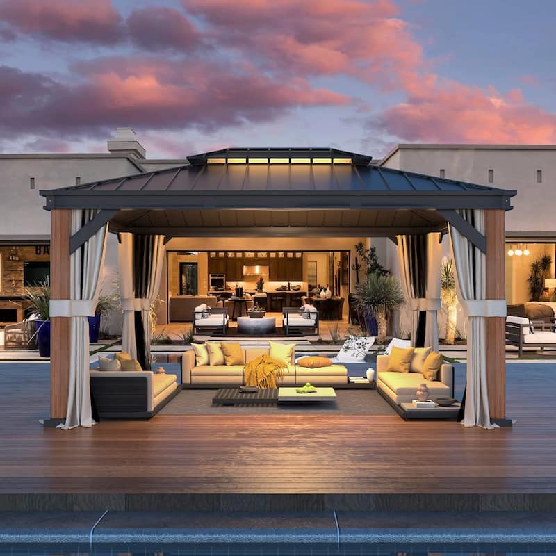 Outdoor Galvanized Steel Roof Gazebo Pergola w Wooden Coated Alumninum Frame, Privacy Curtains and Nettings Include