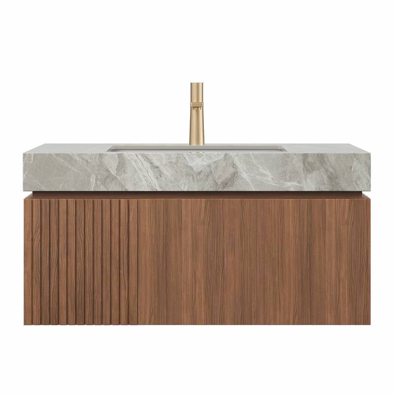 30"/36"/48" Wall-Mounted Bathroom Vanity with Ceramic Sink, Sintered Stone Countertop Floating Bathroom Storage Cabinet