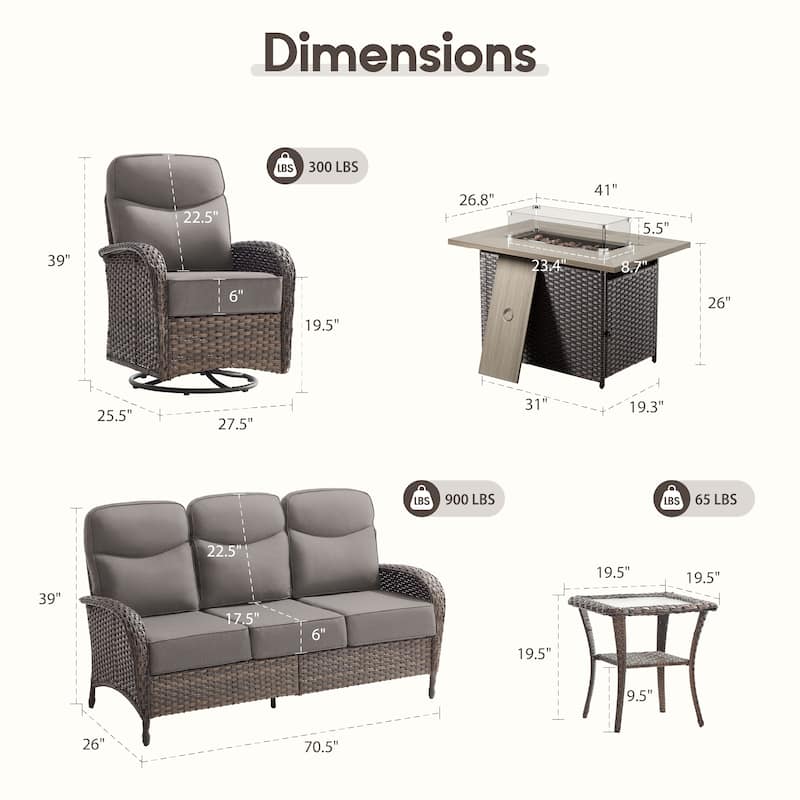 Meyreso 5-Piece Wicker Outdoor Patio Fire Pit Sofa Set with 6-Inch Thick Cushions