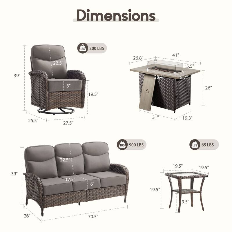 Luna 9-Piece Wicker Outdoor Patio Fire Pit Sofa Set with 6-Inch Thick Cushions