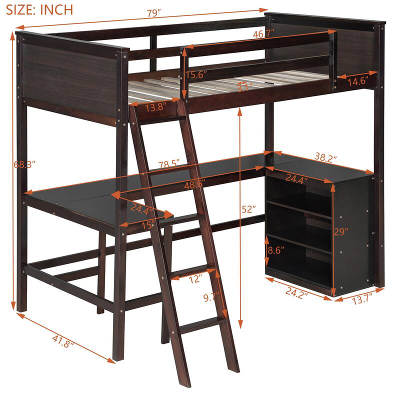 Twin Size Loft Bed with Shelves and Desk Solid Pine Wood Frame