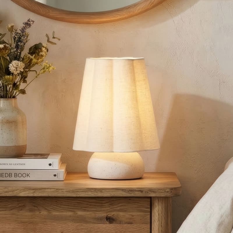 Brightech Kylie 9" Off-White Cream Mid-Century 4.5W 450Lm 2700K LED Contemporary Round Table Lamp With Cream Linen Unique Shade