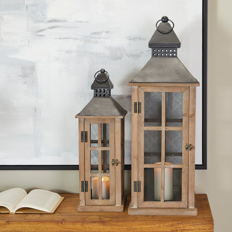 Brown Wood Lighthouse Style Candle Lantern - Light Brown - 10.50W x 10.50L x  27.50H
