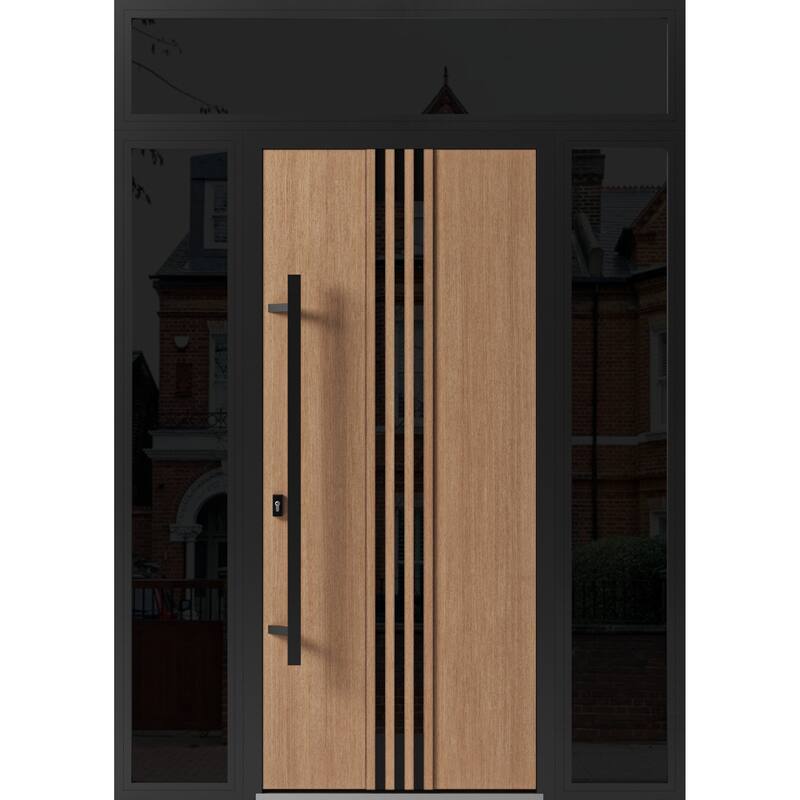 Front Exterior Prehung Steel Door Ronex 1055 Teak Entry Metal Painted W36xH80 Left hand Inswing - Taupe - 68 x 96