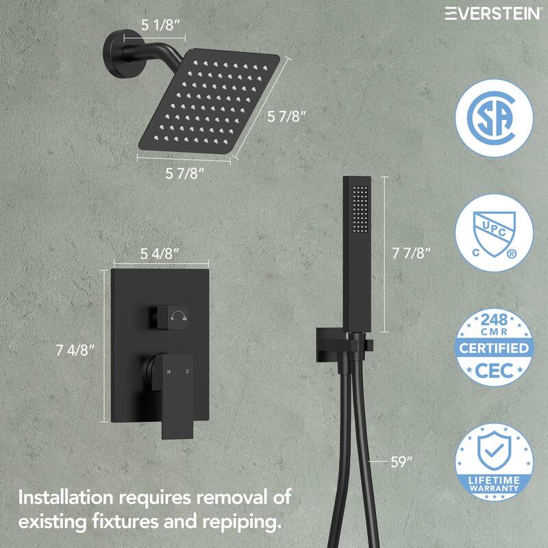 Wall Mounted 6 in Rain Shower Head Bathroom Shower Faucet Set 2-Setting Square Shower System With Rough-In Valve, & Handheld