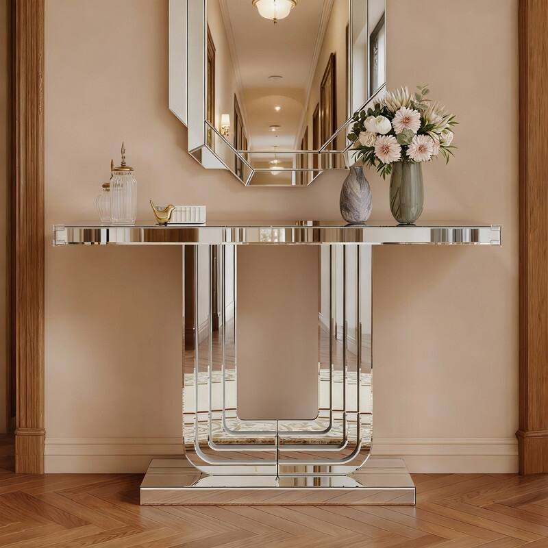 Mirrored 47" Console Table, Silver Entryway Table With U Base - Silver