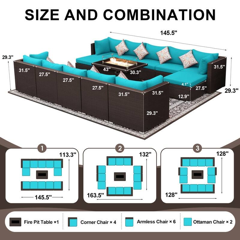 13-Piece Outdoor Wicker Patio Sectional Conversation Set with 43" CSA Fire Pit Table