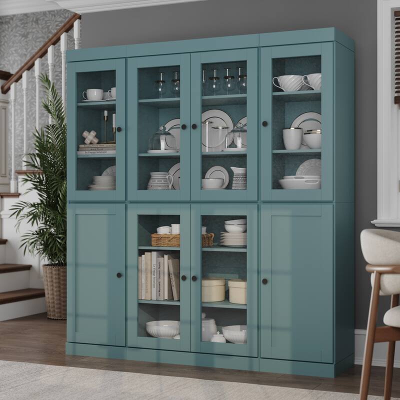 Palace Imports 100% Solid Wood 65" Pantry Cabinet with Clear Glass, Shaker Doors and Adjustable Shelves - Aqua Blue