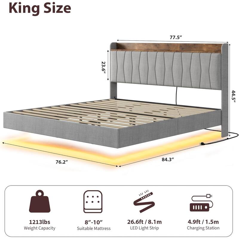Floating Upholstered Bed Frame with LED Lights, USB Charging Station, Solid Slats, Easy Assembly