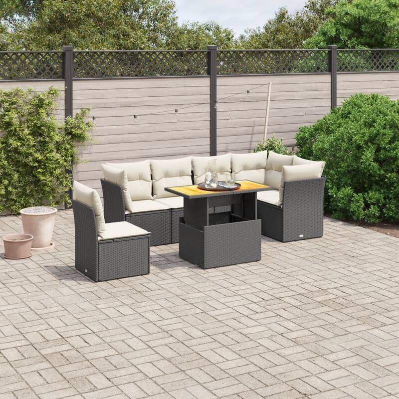 vidaXL Patio Sofa Set with Cushions Outdoor Table and Sofas 7 Piece Poly Rattan - 21.7 x 39.4 x 28.7 - Black - form3