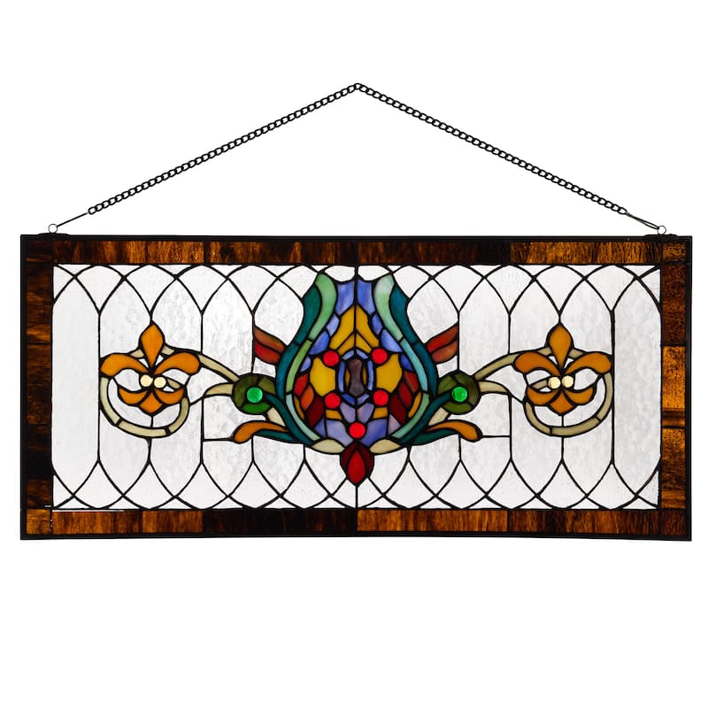 River of Goods Fleur De Lis Stained Glass Pub Window Panel - 30"L x 0.25"W x 14"H